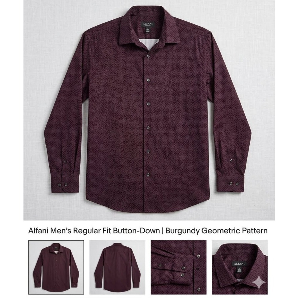 Alfani Mens Burgundy Geometric Honeycomb Athletic Fit Button Down Shirt Large